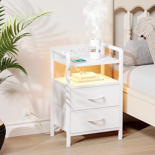 Lazzanto Nightstand with Rear Charging Station, LED Light, 2 Drawers, White - Image 2