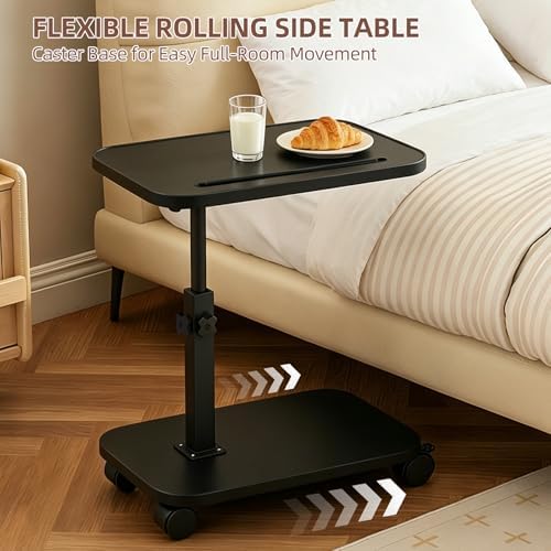 Adjustable TV Tray Side Table 360°Swivel Rolling, Black - Image 4