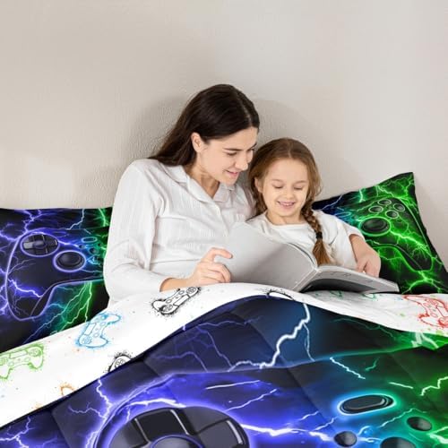 Gamer Comforter Set Gaming Full Size Bedding Sets, Game Boy Games Comforter Blue Green Lightning Bed Set,Kids Room Decor - Image 4