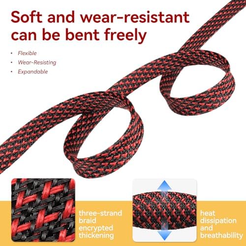 Braided Cable Sleeve, 16.4ft Expandable Mesh Cable Management Sleeve, Wear-Resistant Cord Protectors from Pets No Chew Flexible Wire Sleeving for Audio Video (Black and red-2, 5/8") - Image 3