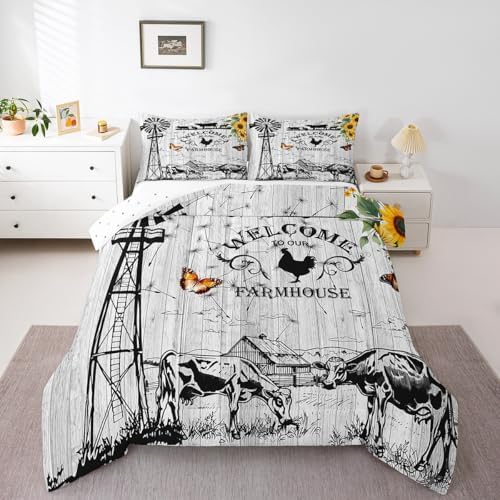 Farmhouse Windmill Comforter Set Full Size Rustic Farm Barn Door Bedding Comforter Sets for Cowboy Cowgirl, Vintage Western Cow Gifts Bedding Room Decor Butterfly Sunflowers Wooden Plank Duvet Insert by Erosebridal
