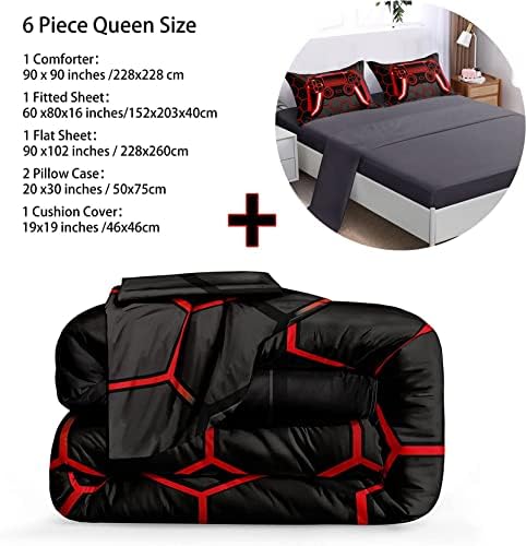 BDUCOK 6 Piece Gamer Comforter Sets Bed in A Bag for Boys Teen Kids,Honeycomb Gaming Bedding Sets Gamepad Comforter Microfiber Bed Set for All Season Gamer Home Decor(red, 6 Piece Sets30023-Queen) - Image 3
