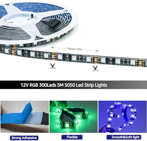 12V RGB LED Strip Lights, 16.4ft Black PCB Board 5050 IP65 Waterproof 300 LEDs Color Changing String Light Strips for Bedroom, Kitchen Decoration - Image 3