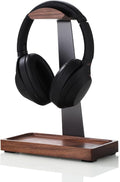 Walnut Headphone Stand, Wood Headset Holder for Desk with Storage | Wooden Gaming Headphone Holder for AirPods Max, Bose, Sennheiser, Razer/Jabra/JBL/AKG , Storage Tray, Vintage Gift for Men by TechVibeJoy