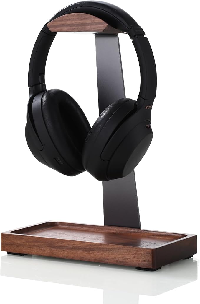 Walnut Headphone Stand, Wood Headset Holder for Desk with Storage | Wooden Gaming Headphone Holder for AirPods Max, Bose, Sennheiser, Razer/Jabra/JBL/AKG , Storage Tray, Vintage Gift for Men by TechVibeJoy