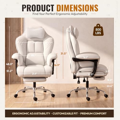 Dowinx Big and Tall Gaming Chair with Footrest for Home Office 500LBS White | High Back Leather Office Chair, Extra-Wide & Thick-Padded Seat Cushion with Ergonomic Lumbar Support and Soft Linkage Armrest - Image 3