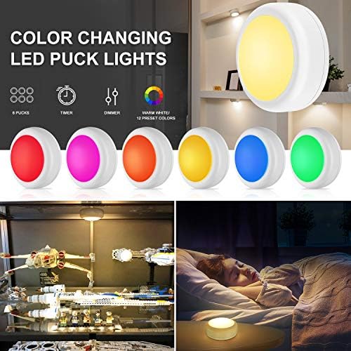 BLS LED Puck Lights with Remote Control, Wireless Under Cabinet & Closet Lighting, RGB 13 Color Changing Lights with Dimmer, Timer & AA Battery Operated, Push, Touch, Stick on for Night, White, 2 Pack - Image 6