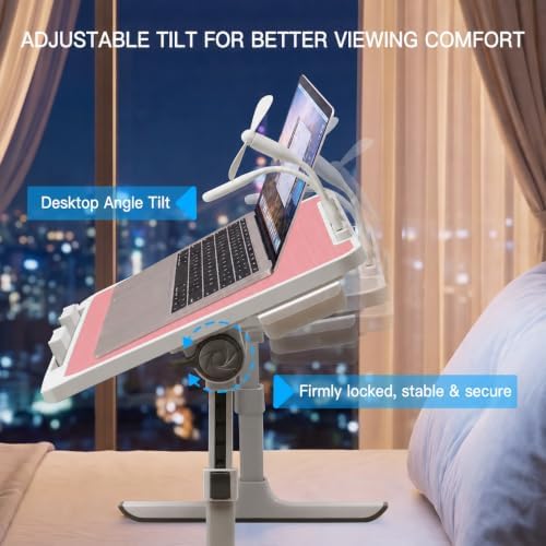 Lap Desk with Cooling Fan, LED Light and USB Port, Adjustable Laptop Desk with Storage Drawer, Foldable Laptop Table for Bed Sofa Work Study, Portable Computer Desk (Pink) - Image 2