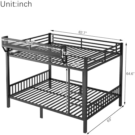 KEIKI Queen Over Queen Size Metal Bunk Bed Frame with Ladder and Built-in Storage Shelves, for Teens, Bunk Bed with Solid Slats, Guardrail, No Box Spring Required, Easy Assembly, for Bedroom, Black - Image 2