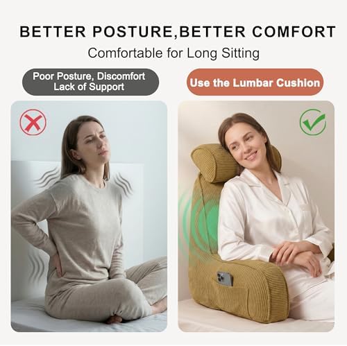 Bed Rest Reading Pillow, Backrest Pillow with Arms, Corduroy Back Support Cushion with Side Pockets & Washable Cover, for Sitting Up in Bed, Sofa Relaxing & Watching TV, Mustard Yellow - Image 5