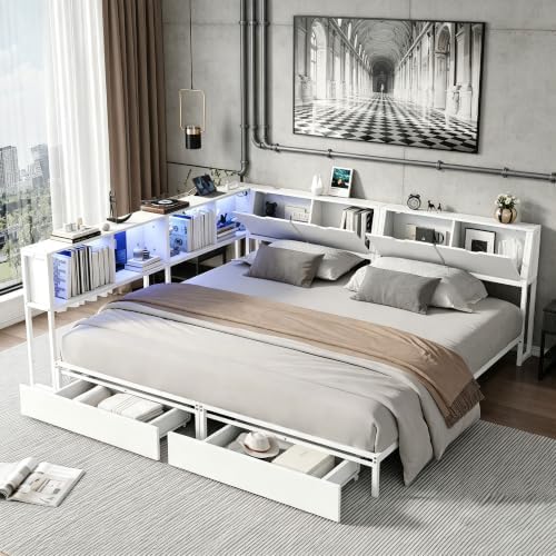 White Corner Bed with Drawers, Bookcase, Light & Charging Station,Twin/Twin by Bellemave
