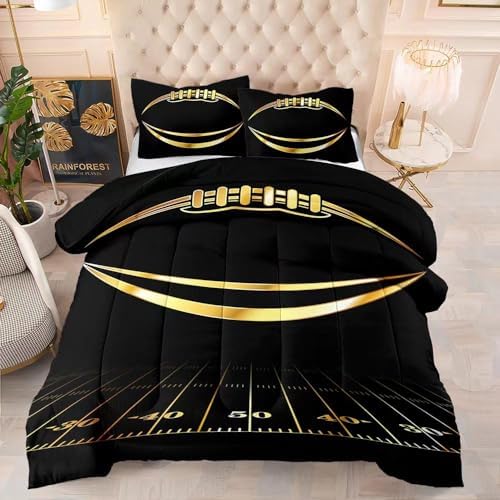 Kids Football Bedding Set - Full Comforter with Pillowcases, Black and Gold, 100% Microfiber, 3 Piece Set, Boys and Girls by Helloosuucomforterset