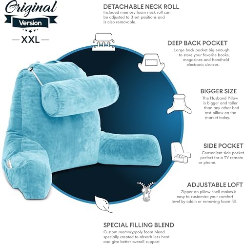 Husband Pillow XXL The Original for Adults - 30" Tall Backrest for Sitting Up in Bed - Firm Support Reading, Bed Rest Pillow for Adult, Neck Roll, Removable Cover - TV - Carolina Blue - Image 5