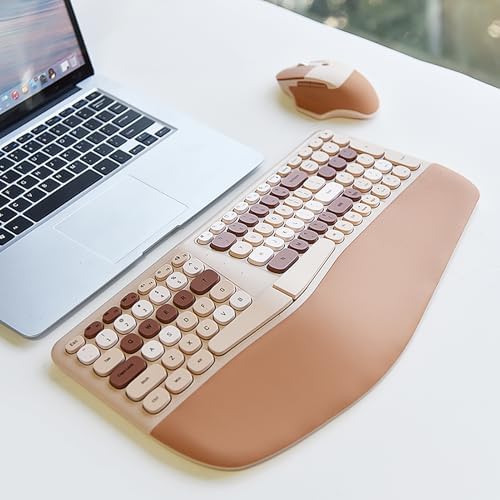 Wireless Ergonomic Keyboard and Mouse Combo with PU Wrist Rest, Carpal Tunnel Keyboard, 2.4G Colorful Split Ergo Keyboard, Comfortable Natural Typing, Compatible with PC/Laptop (Milk Tea) - Image 3