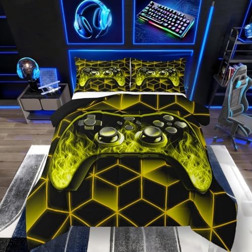 Yellow Game Console Comforter Set for Boys, Neon Geometric Gamer Bedding Set, 3D Geometric Comforter Set with Flame Gaming Consoles Gamer Decor by Erosebridal