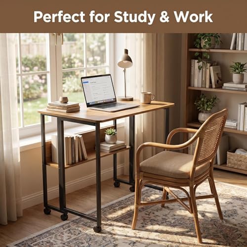 Mobile Foldable Computer Desk with Lockable Wheels & Fixed Foot Pads,Space Saving Folding Writing Gaming Table with Storage Shelf,Laptop Desk for Bedroom Small Apartment Office - Image 6