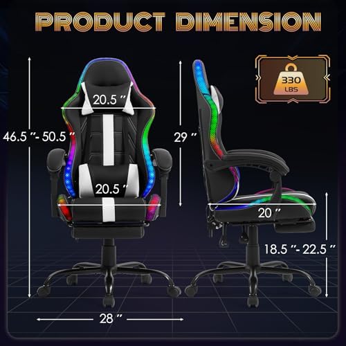ECOTOUGE Gaming Chair, Massage Computer Chair with Footrest, RGB White | Premium PU Leather; Ergonomic Massage Lumbar; 90-135° Recline; Height Adjustable; Retractable Footrest; 330Lbs Steel Frame - Image 3