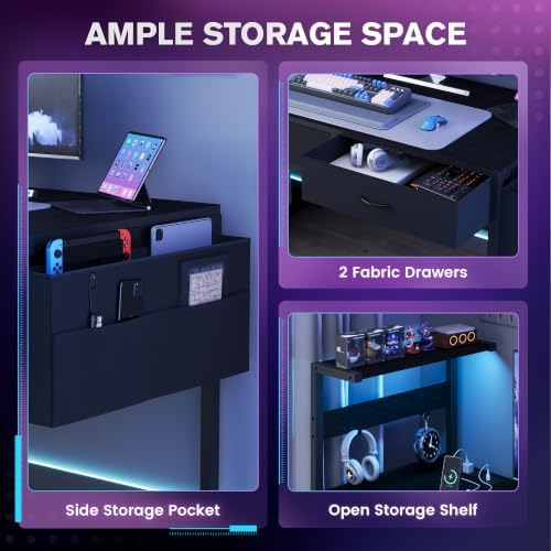 40 Inch Small Gaming Desk with Drawers & Led Lights & Storage Bag, Black - Image 5