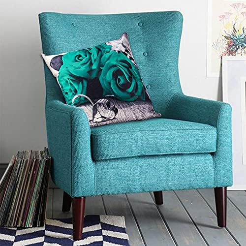 Emerald Green Pillow Covers 20x20” Set of 4, Rose Floral Decorative Pillow Cover Throw for Bedroom Sofa Couch Green Flower Cushion Pillowcase Outdoor Patio Cotton Linen Square Home Furniture Decor - Image 5