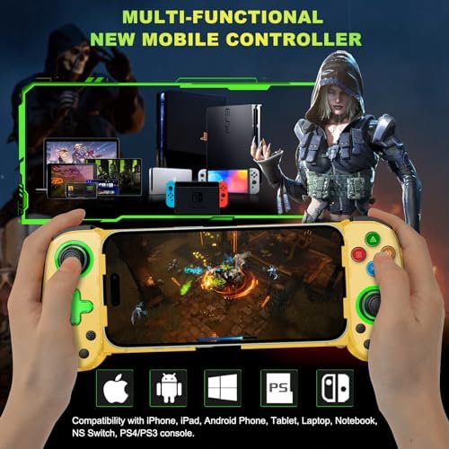 Phone Game Controller for iPhone 17/Android/PC/Switch, Play COD, Genshin,Support Streaming on PS5/Xbox/PC Console, Cloud Gaming Wireless Gamepad Joystick, Turbo/6-Axis Gyro/Dual Motor, Green Light,Yellow - Image 2