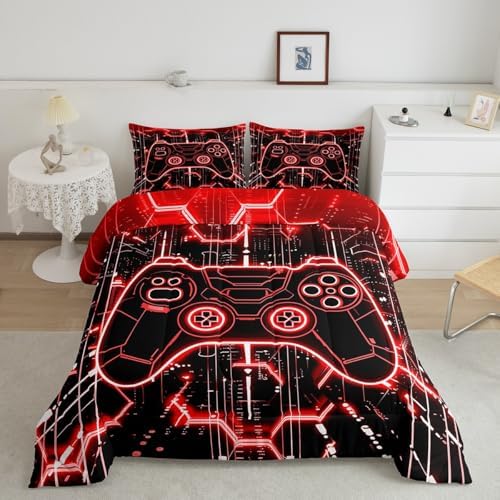 Feelyou Kids Red Gamer Comforter Set Full Size, Honeycomb Gaming Comforter Boys Girls Modern Game Console Bedding Set Gamepad Teens Duvet Set Bedroom Decor Microfiber Bed Set - Image 2