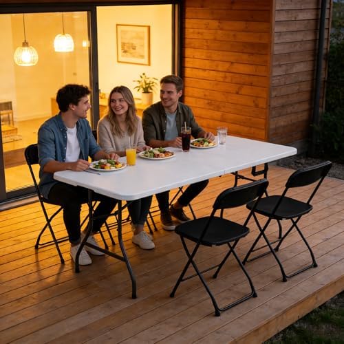 6FT Folding Table, Heavy Duty Plastic Fold-in-Half Utility Table with Handle, Portable Camping Picnic Table with Steel Legs for Indoor Outdoor Party, Dining, White,2 Pack - Image 2