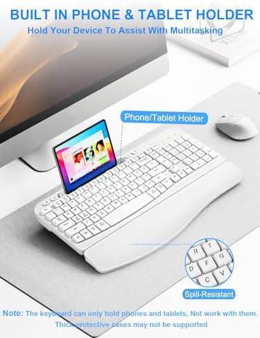 Hayyiesh Ergonomic Wave Keys Wireless Keyboard and Mouse Combo, Full Size with Memory Foam Wrist Rest & Phone Holder, 2.4G Cordless Set with USB-C Adapter for Windows Mac Desktop Laptop (White) - Image 5