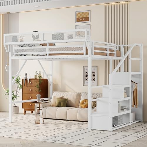 KEIKI Queen Size Metal Loft Bed Frame with Convertible Staircase, Built-in Storage Shelves and Wardrobe, Loft Bed with Solid Slats, Guardrail, No Box Spring Required, Easy Assembly, for Bedroom, White by KEIKI