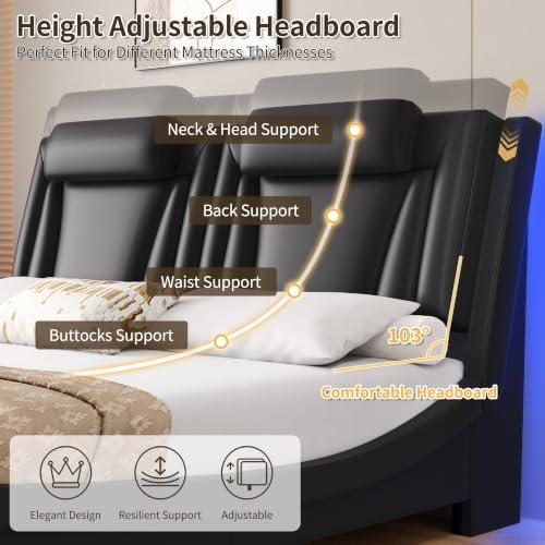 Keyluv King LED Upholstered Bed Frame with Adjustable Headboard, Black - Image 5