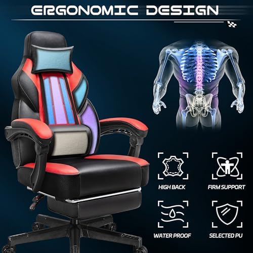 Gaming Chair for Adults, Video Game Chair with Footrest, Big and Tall Gaming Chair Heavy Duty Computer Chair with Massage Lumbar, Ergonomic Adjustable Height and 360° Swivel Seat, PU Leather, Red - Image 4