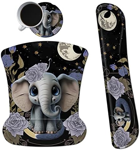 Ergonomic Mouse Pad with Wrist Support Gel Mouse Pads and Upgrade Keyboard Wrist Rest Pad Set, Coasters Non-Slip PU Base Mouse Mat for Office Gaming Computer Laptop Home, Flower Elephant by Dikoer