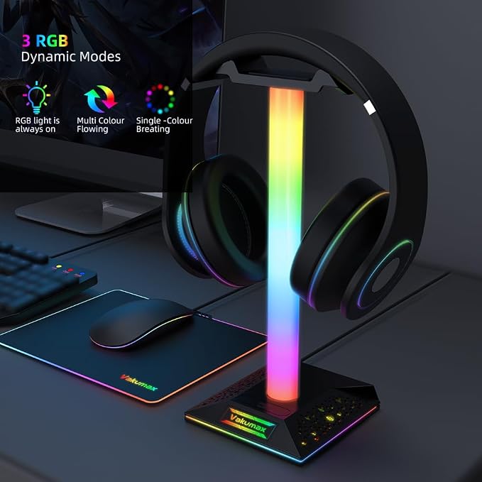 RGB Gaming Headphone Stand with Charging Hub, Headset Holder for Desk with Controller Organizer, 3 Ports USB-A and USB-C, 10 Lighting Modes, Touch Control for PS5 Xbox PC Gaming Setup - Image 2