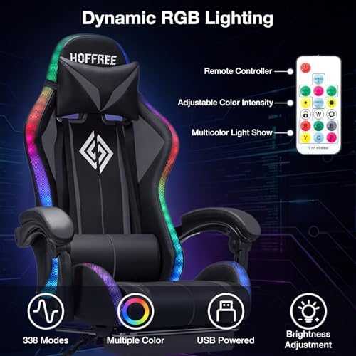 HOFFREE RGB Gaming Chair with Speakers Massage LED Lights Game Chair-Grey | Bluetooth Computer Gaming Chair with Footrest Video Game Chair for Adults Ergonomic High Back Gamer Chair with Lumbar Support - Image 6