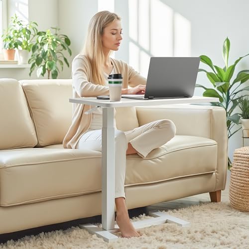 Overbed Bedside Table with Hidden Casters, Adjustable Hospital & Home Use Bed Table, Rolling Laptop Table, Movable Standing Desk, White - Image 2