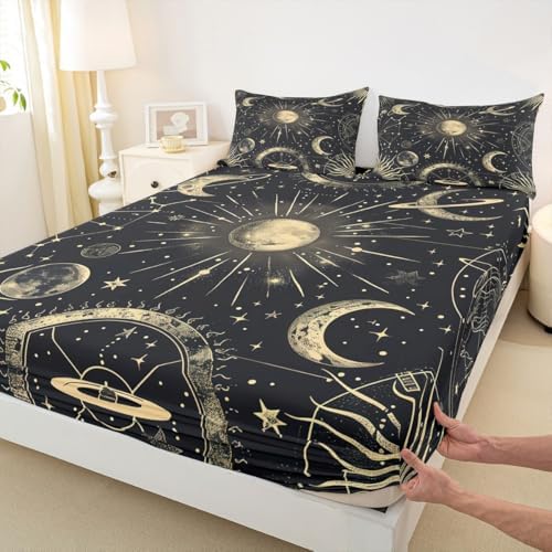 Erosebridal Bohemian Sun Moon Sheet Set Twin Galaxy Top Sheet Constellation Fitted Sheet Starry Sky Bed Sheet Exotic Style Golden Black Room Decorative Flat Sheet Cartoon Deep Pocket Fitted Sheets - Image 6