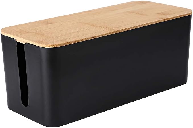 PowerKing Cable Management Boxes Organizer, Bamboo Lid, Large Storage Wires Keeper Holder for Desk, TV, Computer, USB Hub, System to Cover and Hide & Power Strips & Cords (Luxury Black) by PowerKing