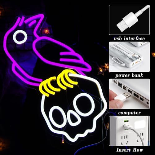 Crow Skull Neon Sign for Wall Decor Dimmable Skull Light Horror Neon Signs Skull Neon Light for Man Cave Beer Bar Game Room Party Crow Decor Gifts - Image 3