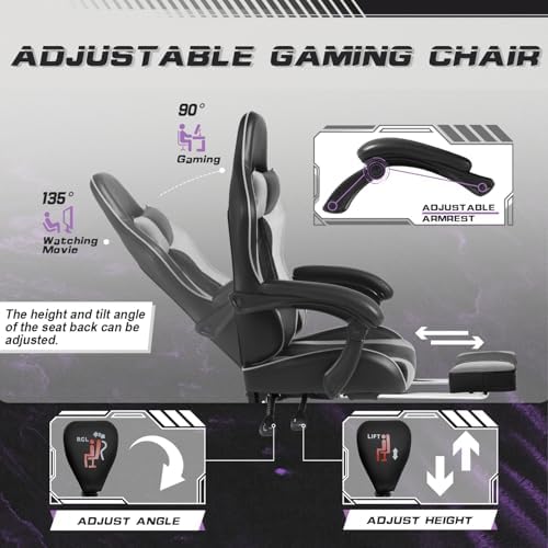 Shahoo Gaming Chair with Footrest and Massage Lumbar Support, Video Racing Seat Height Adjustable with 360°Swivel and Headrest for Office or Bedroom, Grey - Image 6