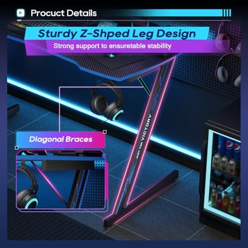 BestOffice Gaming Desk Z Shaped 47 inch PC Computer Desk Computer Workstation Ergonomic Gaming Table with Headphone Hook for Game Players, Black&Blue - Image 7