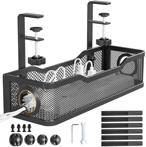 Under Desk Cable Management Tray Black, Cinati Wire Organizers No Drill, Cable Tray with Clamp for Wire Management, Cord Organization Box for Office, Home - No Damage to Desk by Cinati