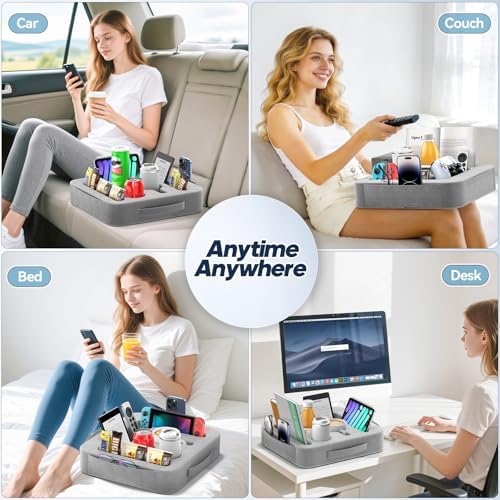 Couch Cup Holder Tray, Couch Caddy for Drink, Snack, Phone, Remote, Ipad, Game Controller, Large-size Sofa Cup Holder for Bed, Sofa, Car, Desk, Gray - Image 7