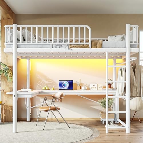 KEIKI Queen Size Metal Loft Bed Frame with L-Shaped Desk, White by KEIKI