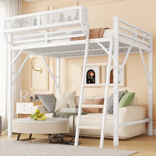 KEIKI Queen Size Metal Loft Bed Frame with Ladder and Built-in Storage Shelves, for Teens, Modern Style Loft Bed with Solid Slats, Guardrail, No Box Spring Required, Easy Assembly, for Bedroom, White by KEIKI