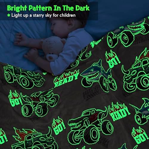 Truck Shark Glow in The Dark Blanket Truck Toys Gifts for Kids Boys Teens Age 1-16 Years Old Toddlers Birthday Christmas Halloween Excavator Construction Tractor Car Throw Room Decor Grey 50"x 60" - Image 2