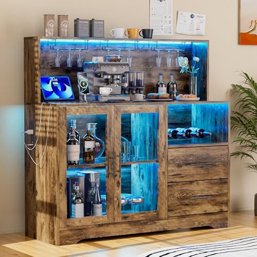 Home Bar Cabinet with Adjustable RGB LED Light, Wine & Coffee Storage with Rack & Drawers, Charging Station, Modern Liquor Cabinet for Living & Dining Room, All-in-One Wine Bar Cabinet (Rustic) by GIODIR