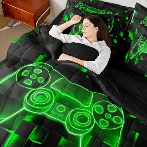 Erosebridal Full Gamer Bedding Set 7 Piece for Boys | Player Gaming Comforter Sets Game Controller Sheet Set Ombre Geometric Square Bed in A Bag for Kids Teens Men, Green Black - Image 7