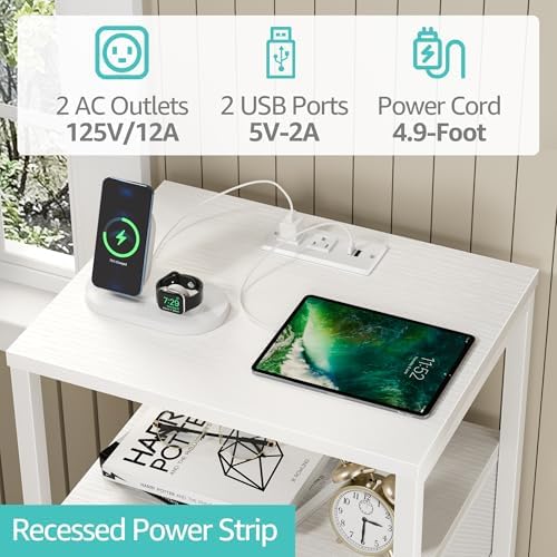 BOLUO White Night Stand with 3 Fabric Drawers, Nightstand with Charging Station LED Nightstand for Bedroom, Bedside Table with USB Ports and Outlets Modern - Image 4