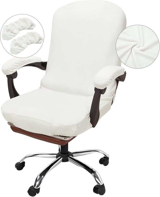 NeColorLife Velvet Office Chair Cover with Armrest Covers,Large,Ivory White | Soft stretch velvet fabric, fits large high-back office and executive chairs, includes 2 armrest covers, washable and elastic by NeColorLife