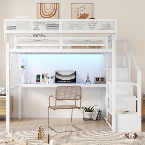 KEIKI Full Size Metal Loft Bed Frame with Desk, Staircase, Built-in Storage Shelves and Wardrobe, Modern Loft Bed with Solid Slats, Guardrail, No Box Spring Required, Easy Assembly, for Bedroom, White - Image 3