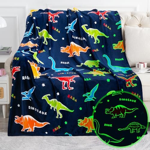 Jekeno Dinosaur Glow in The Dark Blanket Dino Gift Throw for Kids Boys Girls Birthday Christmas Halloween Easter Decor for Age 1-16 Years Old Teens Child Toddler Son Throw Navy Blue 60"x80" by Jekeno